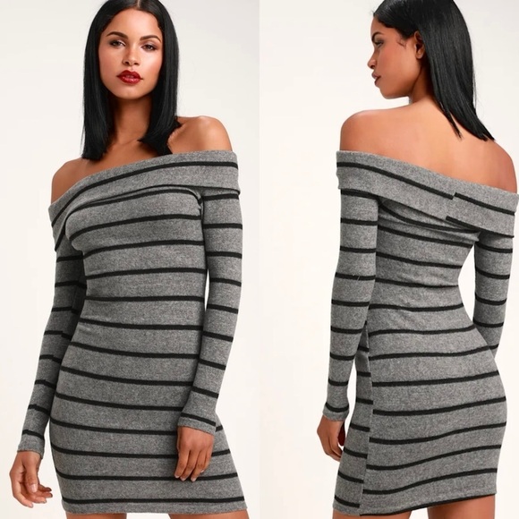 Lulus Womens Nella Rust Striped Off the Shoulder Sweater Dress Sz XL Gray Black - Picture 1 of 9